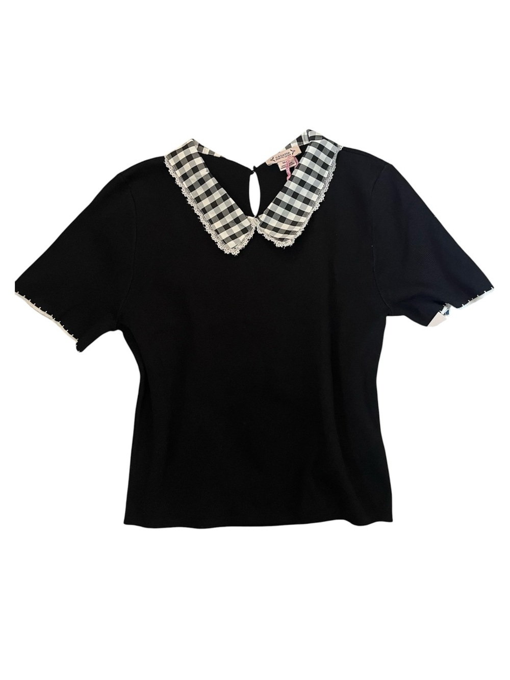 Black Knit Top with Gingham Peter Pan Collar